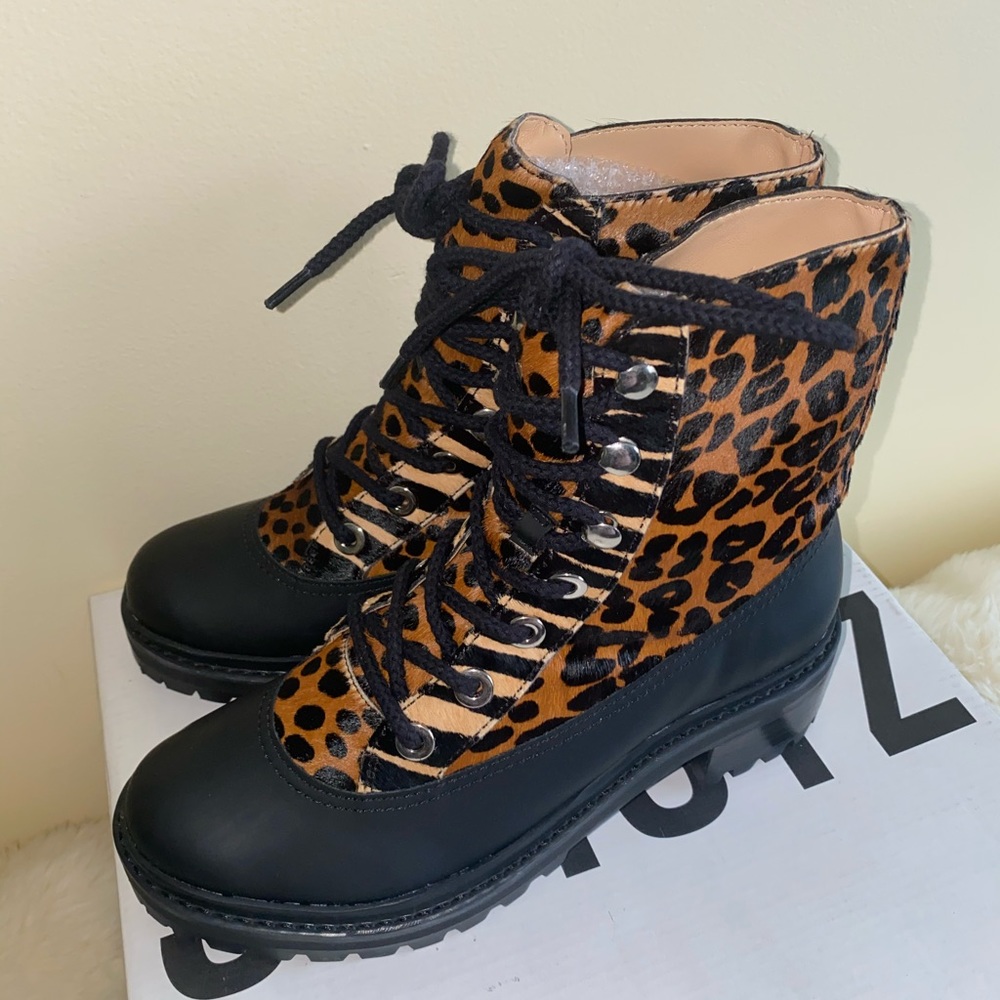 SCHUTZ Mafalda Genuine Calf Hair Animal Leopard Cheetah Print Lace-Up Boots 6
